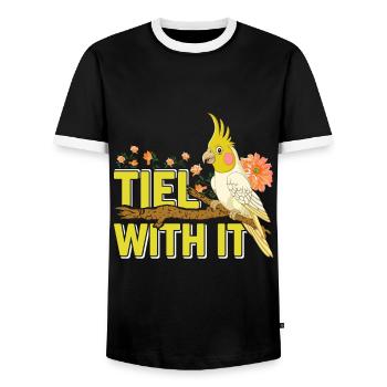 Cockatiel Tiel avec elle Bird Friend Perruche - T-shirt contrasté Homme - noir/blanc - Devant - AI Model Female 172 light (172cm) & AI Model Male 178 light (178cm)