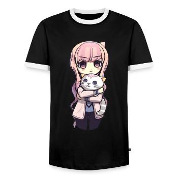 Anime Cats Kawaii Teen Otaku Girl With Cat - Men's Ringer Shirt - black/white - Front - AI Model Female 172 light (172cm) & AI Model Male 178 light (178cm)