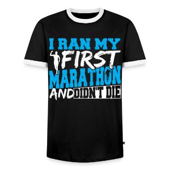 I Ran My First Marathon And Didn't Die Marathon - Men's Ringer Shirt - black/white - Front - AI Model Female 172 light (172cm) & AI Model Male 178 light (178cm)