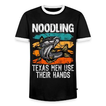 Flathead Noodling Real Men use their hands - Men's Ringer Shirt - black/white - Front - AI Model Female 172 light (172cm) & AI Model Male 178 light (178cm)
