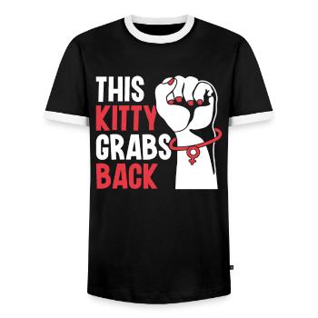 This Kitty Grabs Back - Feminism Activism - Men's Ringer Shirt - black/white - Front - AI Model Female 172 light (172cm) & AI Model Male 178 light (178cm)