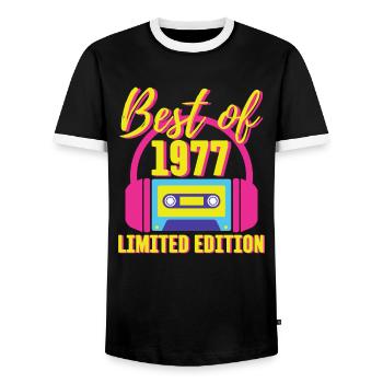 46. Geburtstag Best of 1977 Kassette Retro 80er Jahre - Männer Kontrast-T-Shirt - Schwarz/Weiß - Vorne - AI Model Female 172 light (172cm) & AI Model Male 178 light (178cm)