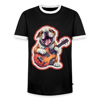 Bulldogge spielt Acousitc Rock Gitarre Hund - Männer Kontrast-T-Shirt - Schwarz/Weiß - Vorne - AI Model Female 172 light (172cm) & AI Model Male 178 light (178cm)