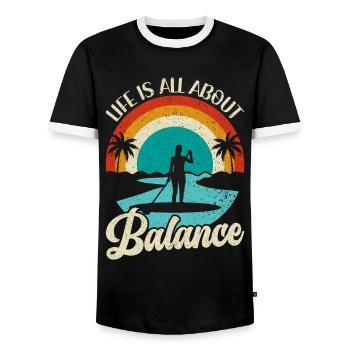Life is all about Balance - Stehpaddel Stand Up - Männer Kontrast-T-Shirt - Schwarz/Weiß - Vorne - AI Model Female 172 light (172cm) & AI Model Male 178 light (178cm)