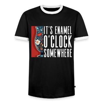 Somewhere it's enamel O'Clock - Enameled - Men's Ringer Shirt - black/white - Front - AI Model Female 172 light (172cm) & AI Model Male 178 light (178cm)