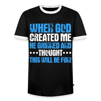 When God created me, he thought this was going to be funny - Men's Ringer Shirt - black/white - Front - AI Model Female 172 light (172cm) & AI Model Male 178 light (178cm)
