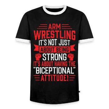 Arm wrestler - Men's Ringer Shirt - black/white - Front - AI Model Female 172 light (172cm) & AI Model Male 178 light (178cm)