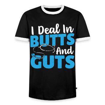 I Deal In Butts And Guts Gastroenterology - Men's Ringer Shirt - black/white - Front - AI Model Female 172 light (172cm) & AI Model Male 178 light (178cm)