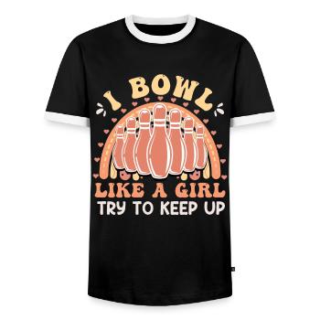 Bowling Shirt Damen I Bowl like a Girl Try Keep up - Männer Kontrast-T-Shirt - Schwarz/Weiß - Vorne - AI Model Female 172 light (172cm) & AI Model Male 178 light (178cm)