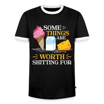 Some Things are worth Shitting - Milch - Men's Ringer Shirt - black/white - Front - AI Model Female 172 light (172cm) & AI Model Male 178 light (178cm)