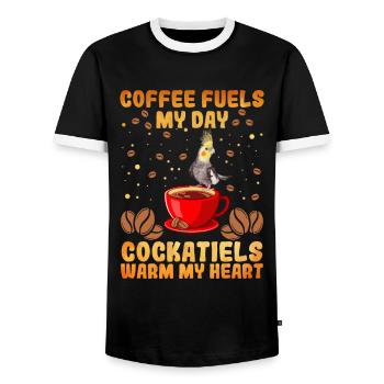 Le café alimente ma journée Les cockatiels réchauffent mon cœur Vogel - T-shirt contrasté Homme - noir/blanc - Devant - AI Model Female 172 light (172cm) & AI Model Male 178 light (178cm)