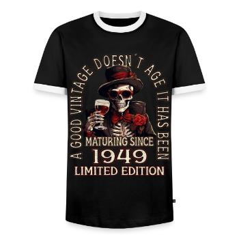 74th Birthday 1949 '74 Good vintage - Men's Ringer Shirt - black/white - Front - AI Model Female 172 light (172cm) & AI Model Male 178 light (178cm)