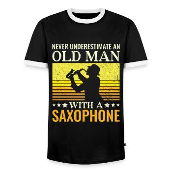Unterschätze Niemals einen alten Mann Saxophon - - Männer Kontrast-T-Shirt - Schwarz/Weiß - Vorne - AI Model Female 172 light (172cm) & AI Model Male 178 light (178cm)
