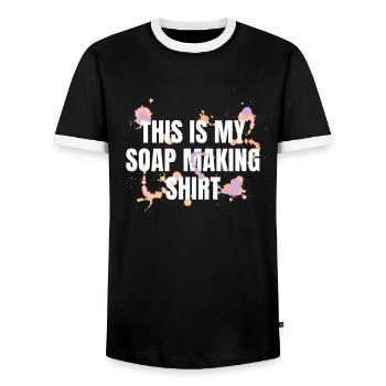 Fabrication de savon amusante Voici ma fabrication - T-shirt contrasté Homme - noir/blanc - Devant - AI Model Female 172 light (172cm) & AI Model Male 178 light (178cm)