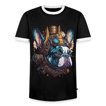 Steampunk French Bulldog Retro Dog Design - Men's Ringer Shirt - black/white - Front - AI Model Female 172 light (172cm) & AI Model Male 178 light (178cm)