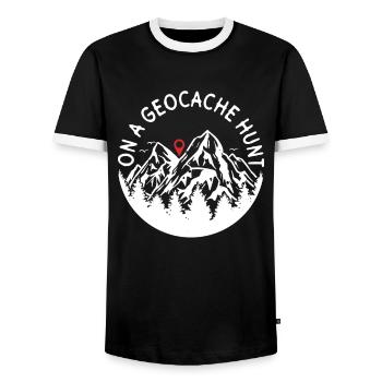 On the hunt for geocaches - Geocaching Geocacher - Men's Ringer Shirt - black/white - Front - AI Model Female 172 light (172cm) & AI Model Male 178 light (178cm)