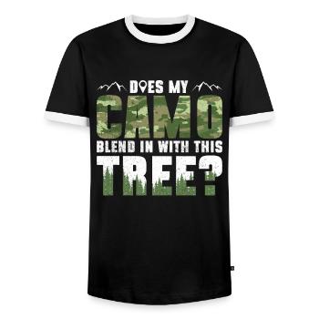 Does my camouflage fit this tree? - Geocaching - Men's Ringer Shirt - black/white - Front - AI Model Female 172 light (172cm) & AI Model Male 178 light (178cm)