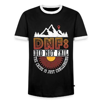 DNF: N’a pas échoué - Geocaching Geocacher - T-shirt contrasté Homme - noir/blanc - Devant - AI Model Female 172 light (172cm) & AI Model Male 178 light (178cm)