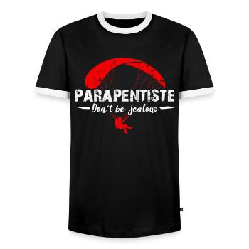 Paragliding Parapentiste Don ́t be Jealous - Men's Ringer Shirt - black/white - Front - AI Model Female 172 light (172cm) & AI Model Male 178 light (178cm)