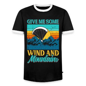 Thermal Paragliding Flight Give me Wind and Mountains - Men's Ringer Shirt - black/white - Front - AI Model Female 172 light (172cm) & AI Model Male 178 light (178cm)