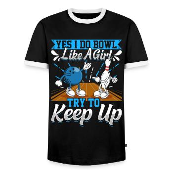 Bowling Damen I Bowl like a Girl try to Keep up - Männer Kontrast-T-Shirt - Schwarz/Weiß - Vorne - AI Model Female 172 light (172cm) & AI Model Male 178 light (178cm)