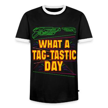 Don't Worry Laser Tag Legend Is On Your Side Laser - Men's Ringer Shirt - black/white - Front - AI Model Female 172 light (172cm) & AI Model Male 178 light (178cm)