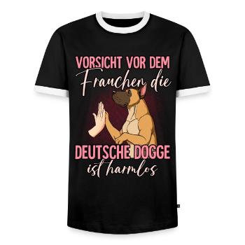 Vorsicht vor dem Frauchen Deutsche Dogge - Männer Kontrast-T-Shirt - Schwarz/Weiß - Vorne - AI Model Female 172 light (172cm) & AI Model Male 178 light (178cm)