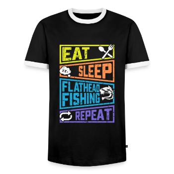 Food Sleep Flathead Fishing Repeat Fishing - Men's Ringer Shirt - black/white - Front - AI Model Female 172 light (172cm) & AI Model Male 178 light (178cm)