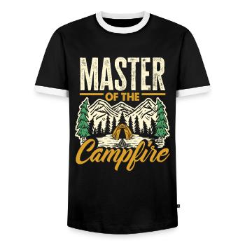 Maîtres du Campfire Camping Camper - T-shirt contrasté Homme - noir/blanc - Devant - AI Model Female 172 light (172cm) & AI Model Male 178 light (178cm)
