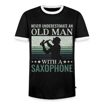 Unterschätze Niemals einen alten Mann Saxophon - - Männer Kontrast-T-Shirt - Schwarz/Weiß - Vorne - AI Model Female 172 light (172cm) & AI Model Male 178 light (178cm)