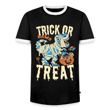 Trick or Treat T-Rex Mumie Verkleidung mit Kürbis - Männer Kontrast-T-Shirt - Schwarz/Weiß - Vorne - AI Model Female 172 light (172cm) & AI Model Male 178 light (178cm)