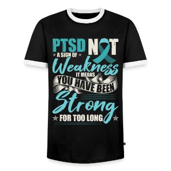 PTSD Awareness Month | PTSD Warrior - Men's Ringer Shirt - black/white - Front - AI Model Female 172 light (172cm) & AI Model Male 178 light (178cm)