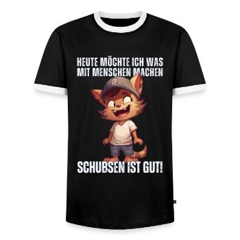 "Heute Menschen schubsen" - Sarkastische Katze - Männer Kontrast-T-Shirt - Schwarz/Weiß - Vorne - AI Model Female 172 light (172cm) & AI Model Male 178 light (178cm)