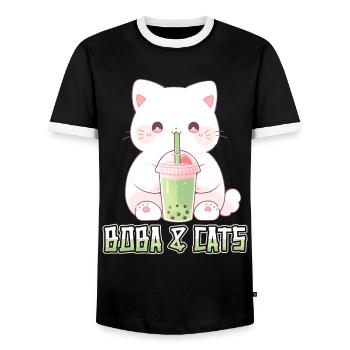 Boba and Cats Katze die Bubble Tee Mädchen Anime - Männer Kontrast-T-Shirt - Schwarz/Weiß - Vorne - AI Model Female 172 light (172cm) & AI Model Male 178 light (178cm)