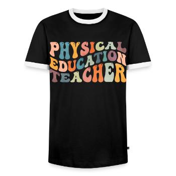 Groovy Physical Education Teacher Physical Education - Men's Ringer Shirt - black/white - Front - AI Model Female 172 light (172cm) & AI Model Male 178 light (178cm)