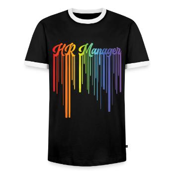 Retro HR Manager Rainbow Text - HR Management - Men's Ringer Shirt - black/white - Front - AI Model Female 172 light (172cm) & AI Model Male 178 light (178cm)