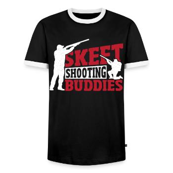 Skeet Shooting Buddies Skeet Shooter Clay Target - Men's Ringer Shirt - black/white - Front - AI Model Female 172 light (172cm) & AI Model Male 178 light (178cm)