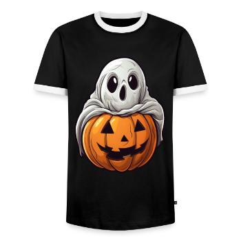 Ghost Pumpkin Halloween Comic - Men's Ringer Shirt - black/white - Front - AI Model Female 172 light (172cm) & AI Model Male 178 light (178cm)