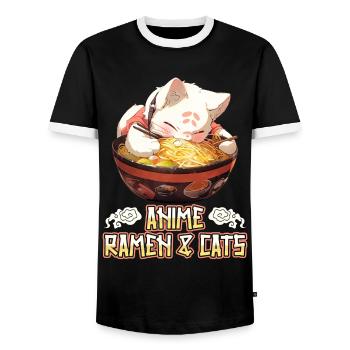 Anime Manga Kawaii Cat Eats Ramen Noodles - Men's Ringer Shirt - black/white - Front - AI Model Female 172 light (172cm) & AI Model Male 178 light (178cm)