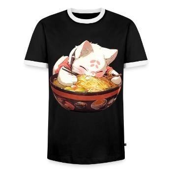 Anime Manga Kawaii Cat Eats Ramen Noodles - Men's Ringer Shirt - black/white - Front - AI Model Female 172 light (172cm) & AI Model Male 178 light (178cm)
