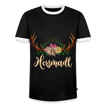 Herzmadl Bayerisches Mädchen Dirndl Shirt - Männer Kontrast-T-Shirt - Schwarz/Weiß - Vorne - AI Model Female 172 light (172cm) & AI Model Male 178 light (178cm)
