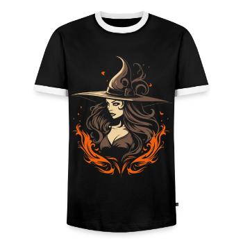 Splendeur magique de la sorcière: Feu de sorcière moderne élégant - T-shirt contrasté Homme - noir/blanc - Devant - AI Model Female 172 light (172cm) & AI Model Male 178 light (178cm)