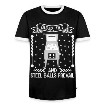 Bump Tilt & Steel Balls Prevail Pinball Machine - Men's Ringer Shirt - black/white - Front - AI Model Female 172 light (172cm) & AI Model Male 178 light (178cm)