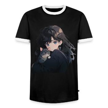 Anime and Cats Kawaii Girl Anime - Men's Ringer Shirt - black/white - Front - AI Model Female 172 light (172cm) & AI Model Male 178 light (178cm)
