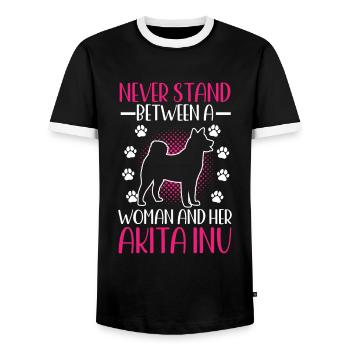 Woman and her Akita Inu Japanese Akita Inu - Men's Ringer Shirt - black/white - Front - AI Model Female 172 light (172cm) & AI Model Male 178 light (178cm)