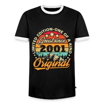 Vintage 2001 Gift - 22/23 years - Men's Ringer Shirt - black/white - Front - AI Model Female 172 light (172cm) & AI Model Male 178 light (178cm)