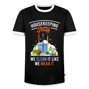 Cleaning Staff We Clean It Like We Mean It - Men's Ringer Shirt - black/white - Front - AI Model Female 172 light (172cm) & AI Model Male 178 light (178cm)