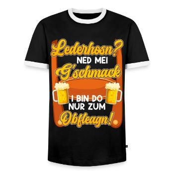 Lederhosn? Ned mei Gschmack Do zum Obfleagn! - Männer Kontrast-T-Shirt - Schwarz/Weiß - Vorne - AI Model Female 172 light (172cm) & AI Model Male 178 light (178cm)
