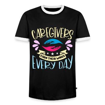 Caregiving Caregivers Earn Their Caregiving Team - Men's Ringer Shirt - black/white - Front - AI Model Female 172 light (172cm) & AI Model Male 178 light (178cm)