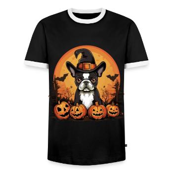 Boston Terrier Bostie Dog Pet Halloween Pumpkins - Men's Ringer Shirt - black/white - Front - AI Model Female 172 light (172cm) & AI Model Male 178 light (178cm)